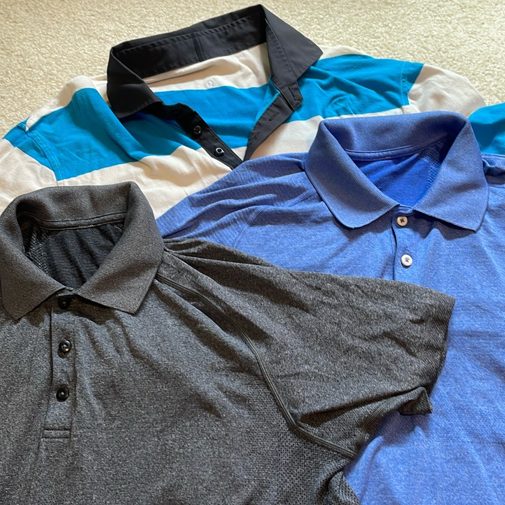 Lot of three (3) lululemon polos Men’s Large in grey, blue and white/blue stripe